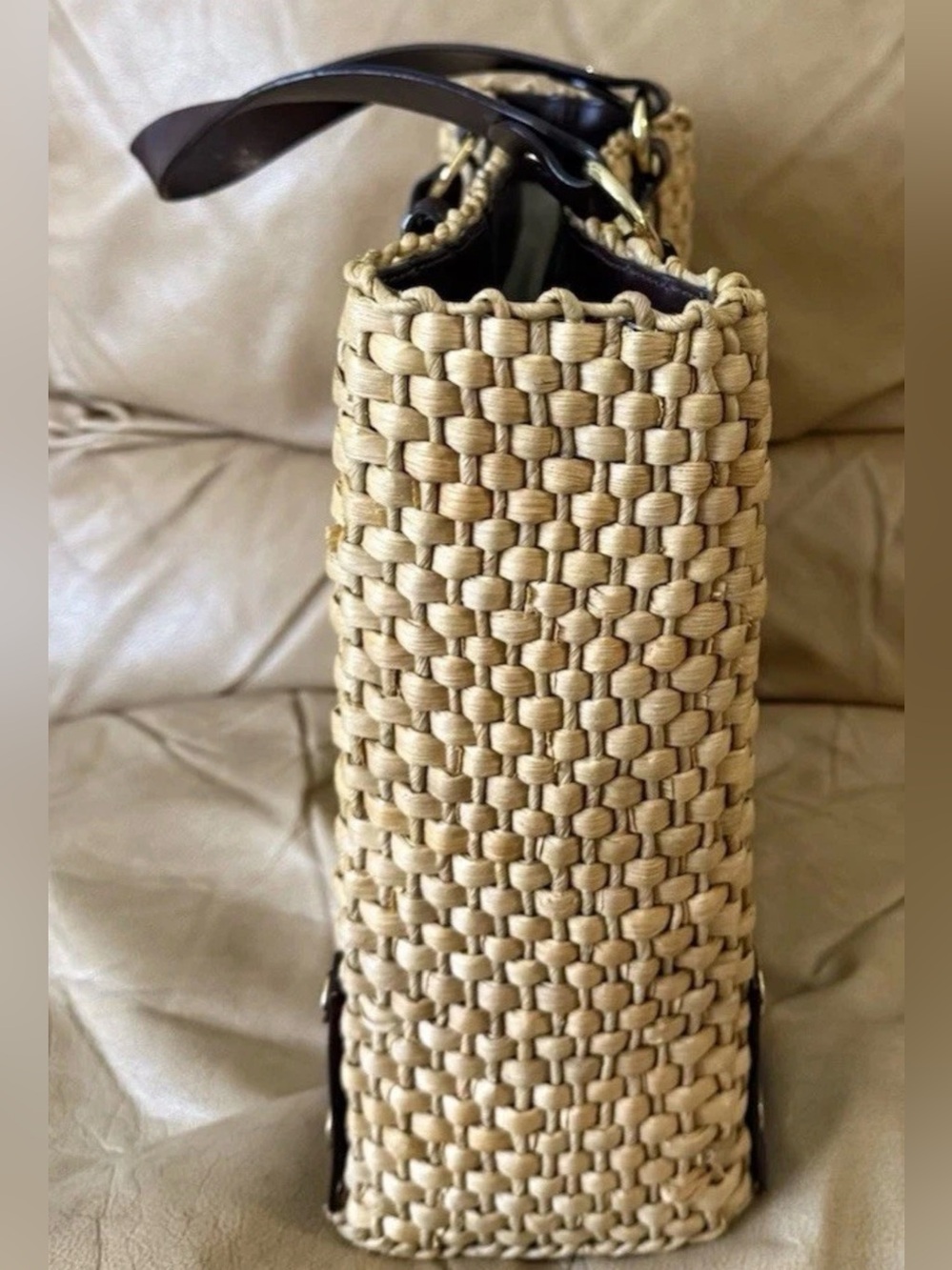 MICHAEL Kors Santorini Raffia Straw Tote Handbag Brown Leather Accents - Picture 6 of 16